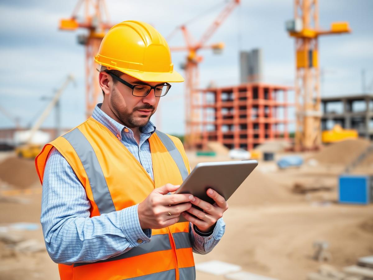 Site supervisor recording site records on a tablet at a civil construction site