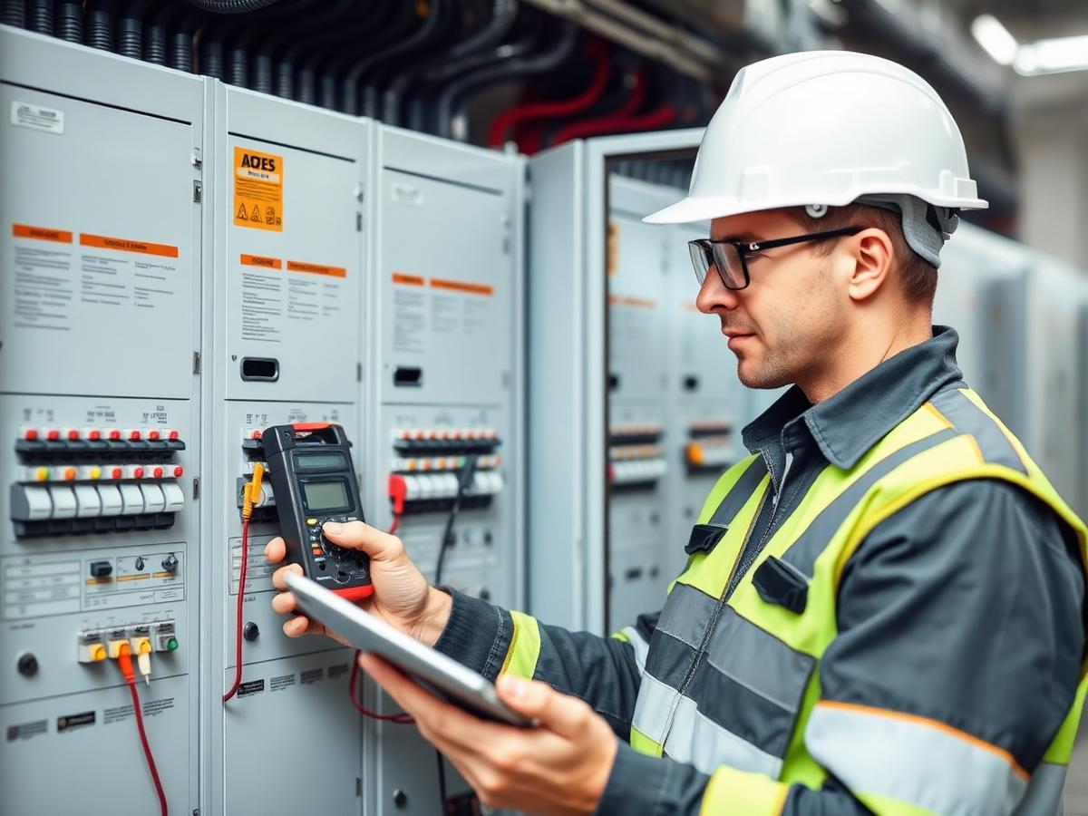 Electrician testing a commercial switchboard with a multimeter and tablet