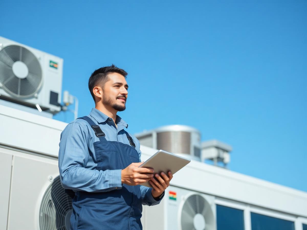 HVAC technician servicing rooftop air conditioning plant with a tablet