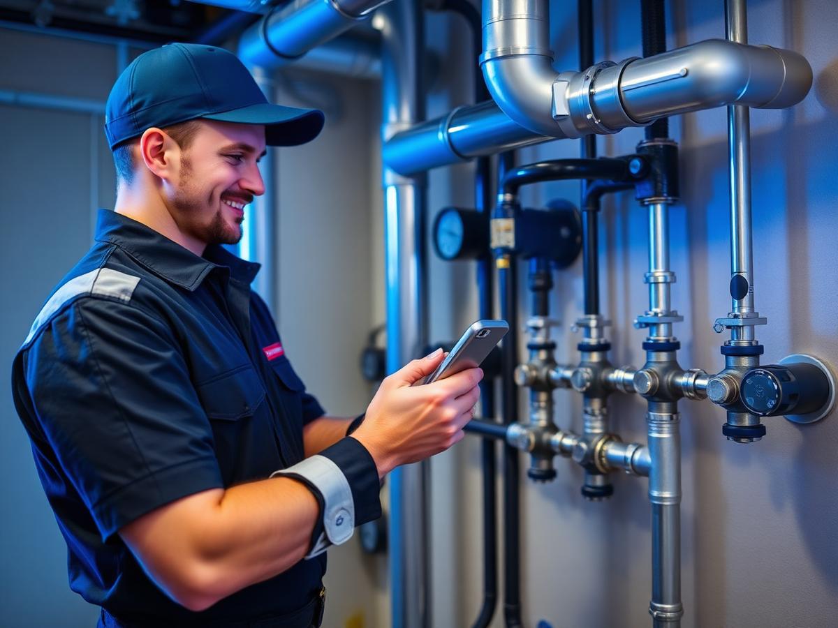 Commercial plumber checking backflow valves and pipework using a mobile app