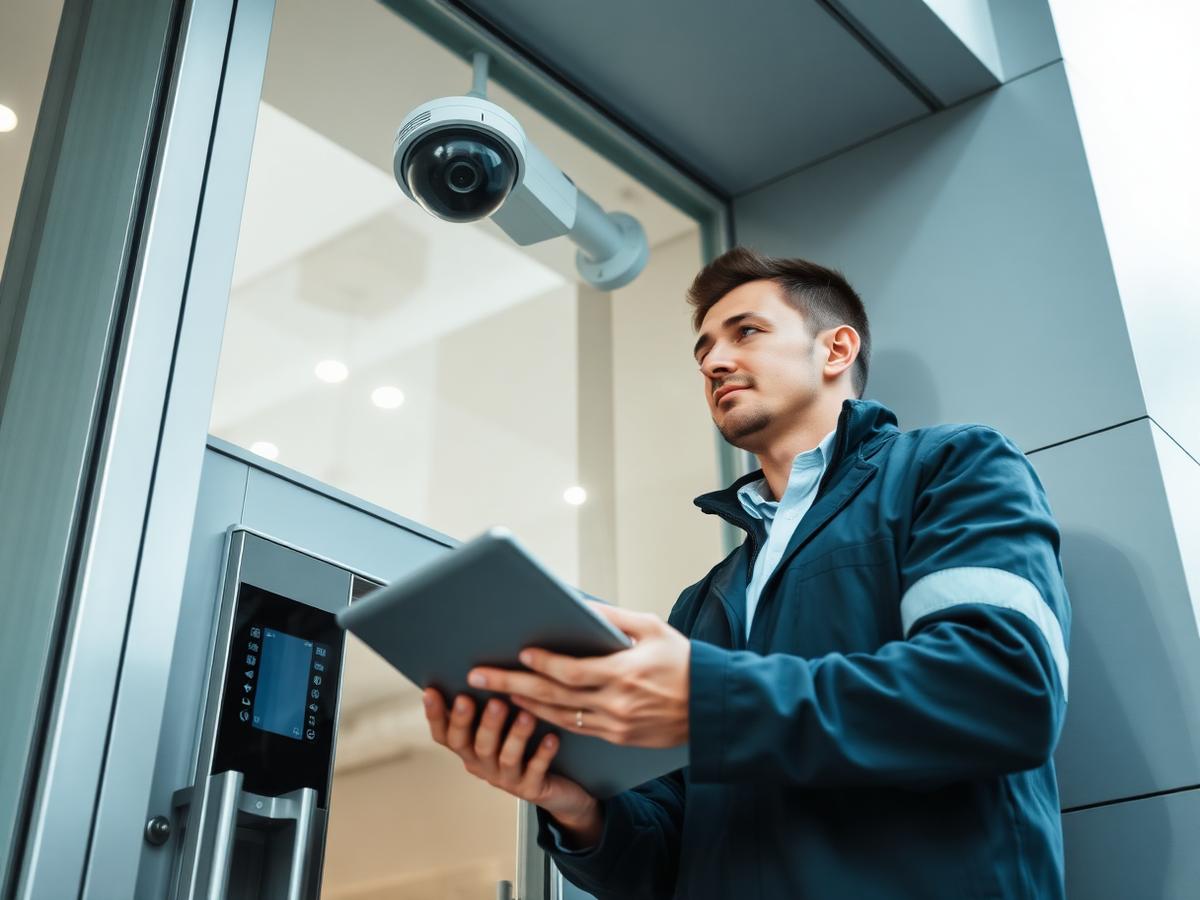 Security technician commissioning a CCTV camera and access control reader