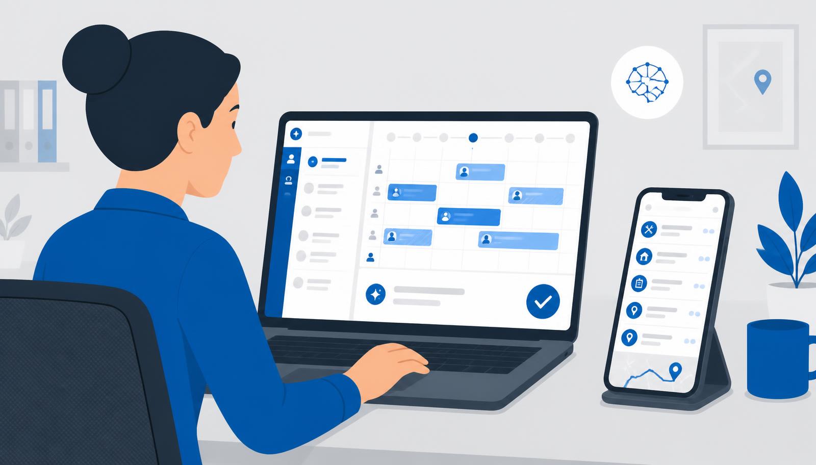 Dispatcher reviewing and approving an AI-suggested schedule alongside the Fieldmagic mobile technician app